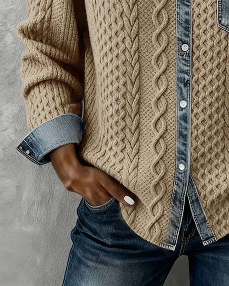 Long-Sleeve Shirt with Denim Patchwork