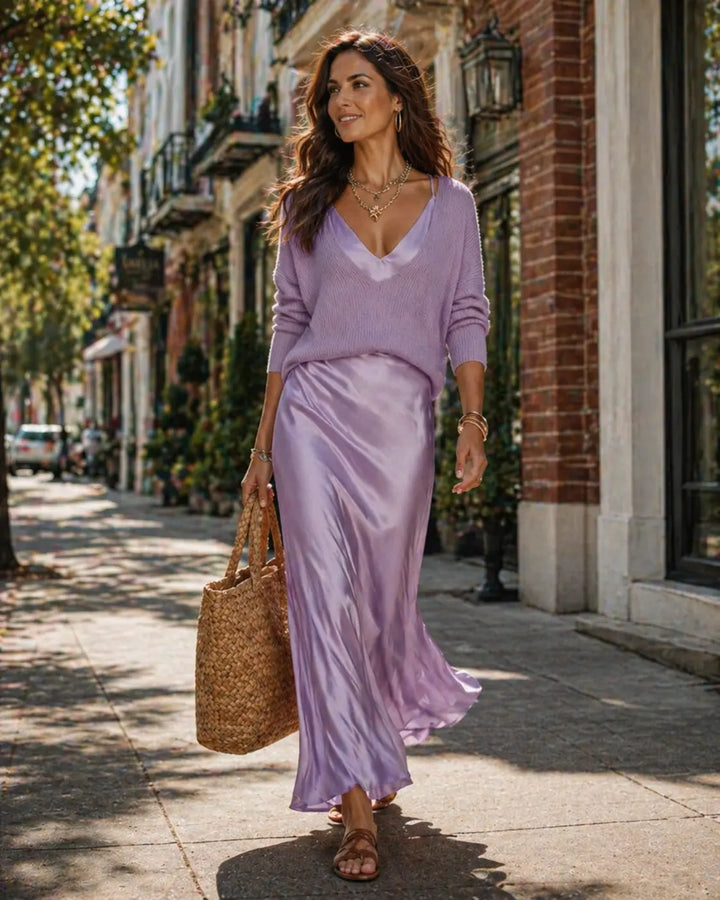 Elena | Midi Satin Dress with Included Sweater